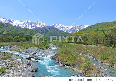 信州白馬五月白馬三山與新鮮的綠色和殘雪 102982529