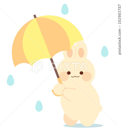 拿著黃色和橙色雨傘的兔子的插圖 拿著黃色和橙色雨傘的兔子的插圖 102983787