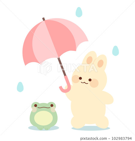 兔子拿著粉色雨傘給青蛙的插圖 兔子拿著粉色雨傘給青蛙的插圖 102983794