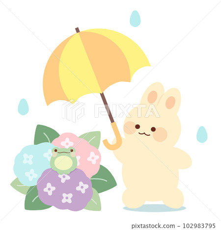 Illustration of a rabbit holding a yellow and orange umbrella to a frog on a hydrangea 102983795