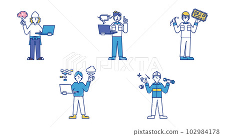 Set illustration E of a man who takes a wide variety of science jobs Set illustration E of a man who takes a wide variety of science jobs 102984178