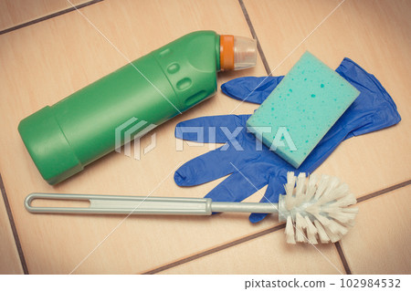 Domestic detergent and accessories for cleaning toilet. Household duties Domestic detergent and accessories for cleaning toilet. Household duties 102984532