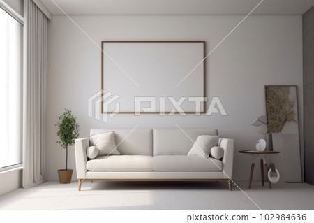 The serene and spacious living room features a comfortable white couch and a large window that lets in plenty of natural light. AI Generative The serene and spacious living room features a comfortable white couch and a large window that lets in plenty of natural light. AI Generative 102984636