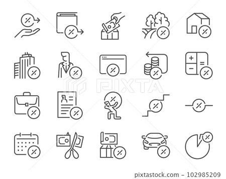 Taxes icon set. It included tax, tariff, Interest Rate, tax deduction, credit, and more icons. Editable Stroke. 102985209