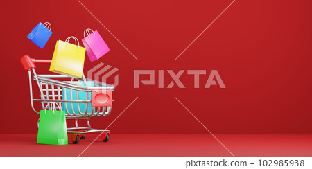 Shopping cart with colorful shopping bag on red background 3D render Shopping cart with colorful shopping bag on red background 3D render 102985938