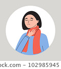 Young women suffering from a sore throat. Female with pharangitis or tonsillitis. Symptom of flu, cold, influenza or different disease. Health problem flat vector medical illustration 102985945