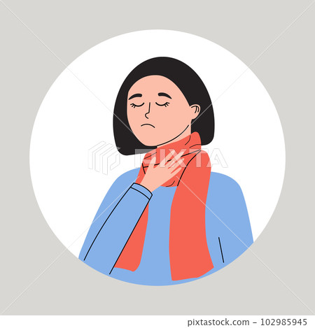 Young women suffering from a sore throat. Female with pharangitis or tonsillitis. Symptom of flu, cold, influenza or different disease. Health problem flat vector medical illustration Young women suffering from a sore throat. Female with pharangitis or tonsillitis. Symptom of flu, cold, influenza or different disease. Health problem flat vector medical illustration 102985945