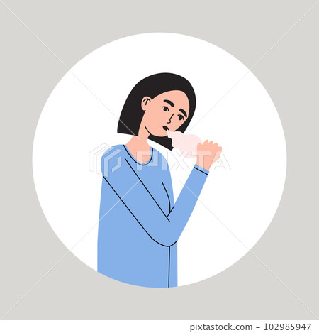 Young women suffering from a dry cough. Female with health problems. Symptom of flu, cold, influenza or different disease. Flat vector medical illustration Young women suffering from a dry cough. Female with health problems. Symptom of flu, cold, influenza or different disease. Flat vector medical illustration 102985947