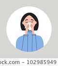 Young women suffering from a runny nose. Female with health problem. Symptom of flu, cold, influenza or different disease. Flat vector medical illustration 102985949