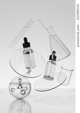 Glass bottles with dropper are floating in the air with laboratory glassware and a flask of liquid and molecule. 3D rendering product mockup Glass bottles with dropper are floating in the air with laboratory glassware and a flask of liquid and molecule. 3D rendering product mockup 102986391
