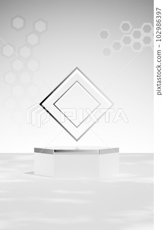 Background vector 3d rendering with podium displayed with a shuttle object. Stand to show cosmetic product on podium 3d. Product promotion Background vector 3d rendering with podium displayed with a shuttle object. Stand to show cosmetic product on podium 3d. Product promotion 102986397