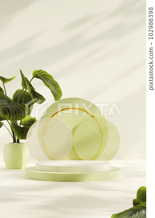 Vector 3D realistic vacant round podium decorated with a pot of green tree. Pedestal or platform for beauty products presentation Vector 3D realistic vacant round podium decorated with a pot of green tree. Pedestal or platform for beauty products presentation 102986398