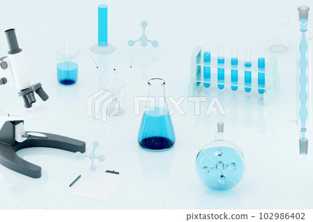 3D concept laboratory tests and research natural extract making cosmetics with some glassware filled with blue fluid. 3D animation 3D concept laboratory tests and research natural extract making cosmetics with some glassware filled with blue fluid. 3D animation 102986402