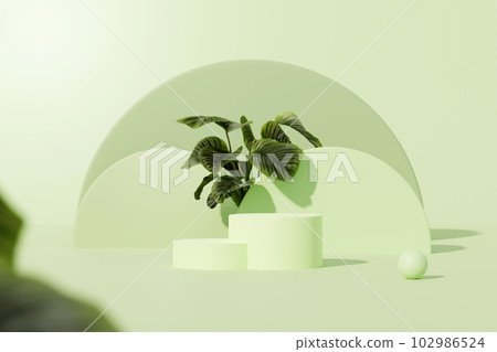 Minimal abstract background with two cylinder podiums, small ball and green leaves decorated on pastel green background. Space for display product. 3d rendering, illustration. Minimal abstract background with two cylinder podiums, small ball and green leaves decorated on pastel green background. Space for display product. 3d rendering, illustration. 102986524