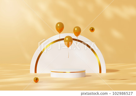 Blank minimal design with geometric object and yellow balloons on beige background. Natural tree leaves silhouette on smooth wall background. Empty podium for display product Blank minimal design with geometric object and yellow balloons on beige background. Natural tree leaves silhouette on smooth wall background. Empty podium for display product 102986527
