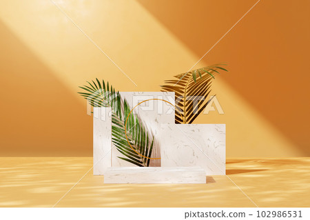 Front view of smooth yellow wall background with light in the center. Geometric platforms with marble material arranged with palm leaves. Space for advertising cosmetics product. Front view of smooth yellow wall background with light in the center. Geometric platforms with marble material arranged with palm leaves. Space for advertising cosmetics product. 102986531