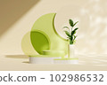 3d render round cylinder podiums, small vase with green leaves and geometric objects decorated on beige background and natural shadow leaves. Scene for advertising cosmetics product 102986532
