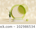Abstract modern minimal background with empty podiums, a small pot of bonsai, geometric objects and shadow of natural leaves on the beige wall. Space for display product. 3d illustration.  102986534