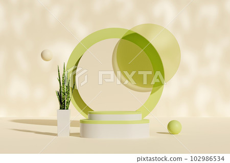 Abstract modern minimal background with empty podiums, a small pot of bonsai, geometric objects and shadow of natural leaves on the beige wall. Space for display product. 3d illustration. Abstract modern minimal background with empty podiums, a small pot of bonsai, geometric objects and shadow of natural leaves on the beige wall. Space for display product. 3d illustration. 102986534
