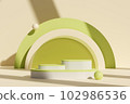3d rendering of modern empty podium by pastel green geometric objects formed in beige background. Space for display product or place your design.  102986536