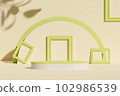 3d rendering, illustration of circular empty podium with randomly designed square objects on light beige background and natural leaf shadow on the wall 102986539