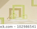Round empty podiums with minimal green rectangular door frame decorated on beige background. environmental product display stage by 3d rendering technique. 102986541