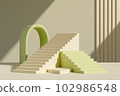 Minimal abstract scene with white and pastel green stairways and arch on gray wall background. Pedestals with blank space to place your products. 3d background 102986548