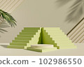 3d rendering of two pastel green stairways and geometric podiums on gray wall background and green tropical leaves. Minimal abstract scene for display cosmetics product  102986550
