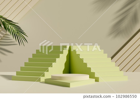3d rendering of two pastel green stairways and geometric podiums on gray wall background and green tropical leaves. Minimal abstract scene for display cosmetics product  102986550