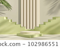 Abstract modern minimal background with blank space for product presentation. Stacked of empty podiums and pastel stairways on gray wall with tropical leaves. 3d render 102986551