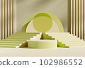 Blank showcase mockup with empty podium, stairways and arch decorated on abstract background. Pastel green object form an empty space for display product 102986552