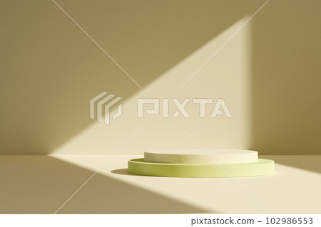 Cylinder abstract minimal scene with geometric platform on wall background with light streaks from the window. Space to show cosmetic products. 3d rendering 102986553