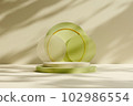 Stage showcase on pedestal modern 3d studio, stacked of two round podiums and round pastel objects on wall background and shadow of natural leaves. Space to show your products or design.  102986554