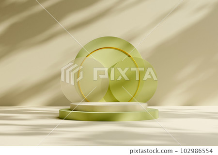 Stage showcase on pedestal modern 3d studio, stacked of two round podiums and round pastel objects on wall background and shadow of natural leaves. Space to show your products or design.  102986554