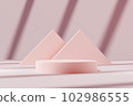 3D illustration rendering of pink abstract geometric background with blank space on podium for cosmetic product presentation. Light and dark streaks alternating on the wall background 102986555