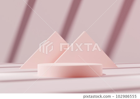3D illustration rendering of pink abstract geometric background with blank space on podium for cosmetic product presentation. Light and dark streaks alternating on the wall background 102986555
