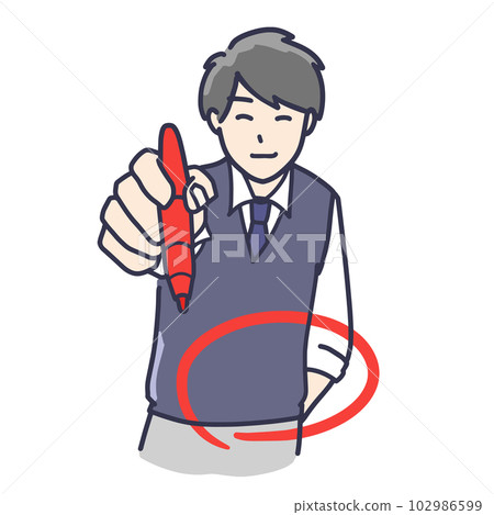 一個打著領帶的男人拿著一支紅筆,戴著一個圓圈的插圖 一個打著領帶的男人拿著一支紅筆,戴著一個圓圈的插圖 102986599