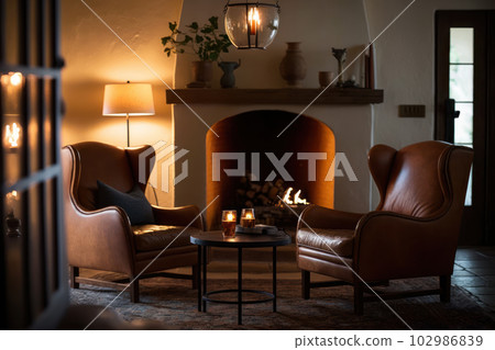 Stylish leather chairs and cozy room 102986839