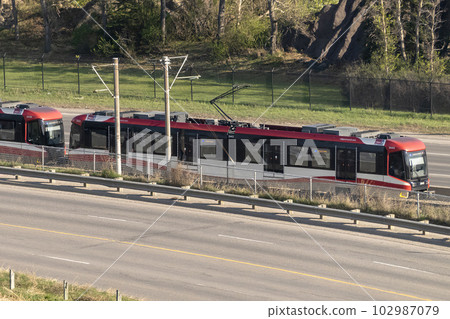 Calgary, Alberta, Canada. May 12, 2023. A C-train wagon going to Saddletowne. 102987079