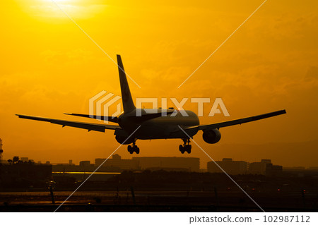 Passenger plane landing in the sunset Passenger plane landing in the sunset 102987112