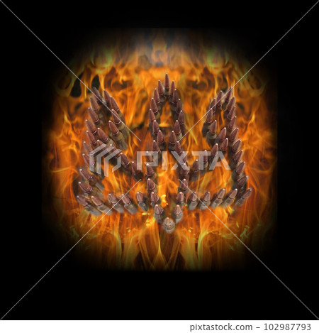 Ukrainian national symbol coat of arms made from cartridges in flame 102987793