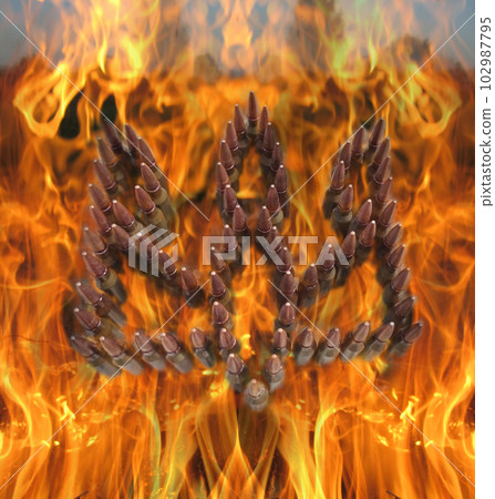 Ukrainian national symbol coat of arms made from cartridges in flame 102987795
