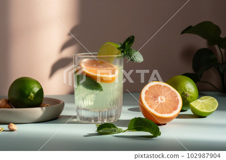 Detox cocktail with fruits, berries. Detox concept background. Generative AI Detox cocktail with fruits, berries. Detox concept background. Generative AI 102987904