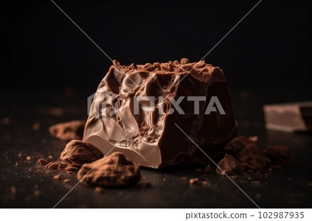 Piece of milk or dark chocolate on dark background. Generative AI. Piece of milk or dark chocolate on dark background. Generative AI. 102987935