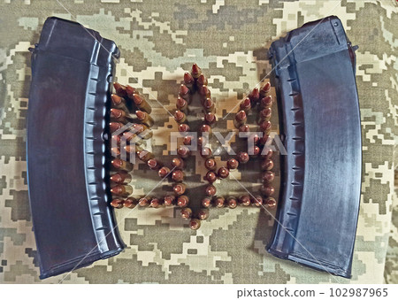 War Concept. Ukrainian national symbol coat of arms made from cartridges War Concept. Ukrainian national symbol coat of arms made from cartridges 102987965