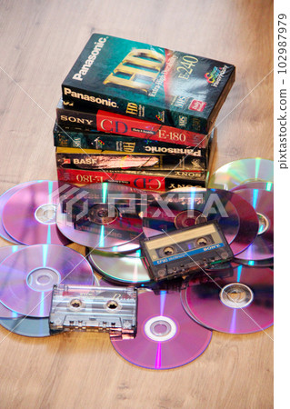 CDs, cassettes, microphone, video tapes. Attributes of the 1990s 102987979