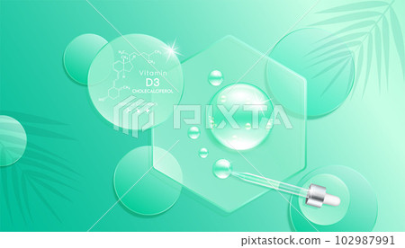 Serum gel drop green on transparent hexagon disk glass. Cosmetic product swatch vitamin D3, structure on display podium. Light textured moisturizing face serum clear skincare liquid. Top view 3D Serum gel drop green on transparent hexagon disk glass. Cosmetic product swatch vitamin D3, structure on display podium. Light textured moisturizing face serum clear skincare liquid. Top view 3D 102987991