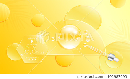 Serum gel drop yellow on transparent semicircle mirror. Cosmetic product swatch vitamin F, structure. Light textured moisturizing face serum clear skincare liquid. Cosmetics display podium. Top view Serum gel drop yellow on transparent semicircle mirror. Cosmetic product swatch vitamin F, structure. Light textured moisturizing face serum clear skincare liquid. Cosmetics display podium. Top view 102987993