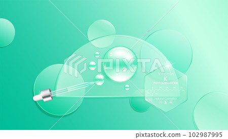 Serum gel drop green on transparent semicircle mirror. Cosmetic product swatch vitamin K, structure. Light textured moisturizing face serum clear skincare liquid. Cosmetics display podium. Top view 3D 102987995