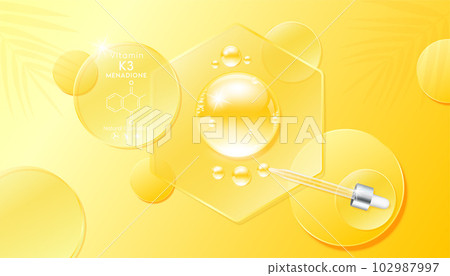 Serum gel drop yellow on transparent hexagon disk glass. Cosmetic product swatch vitamin K3, structure on display podium. Light textured moisturizing face serum clear skincare liquid. Top view 3D 102987997